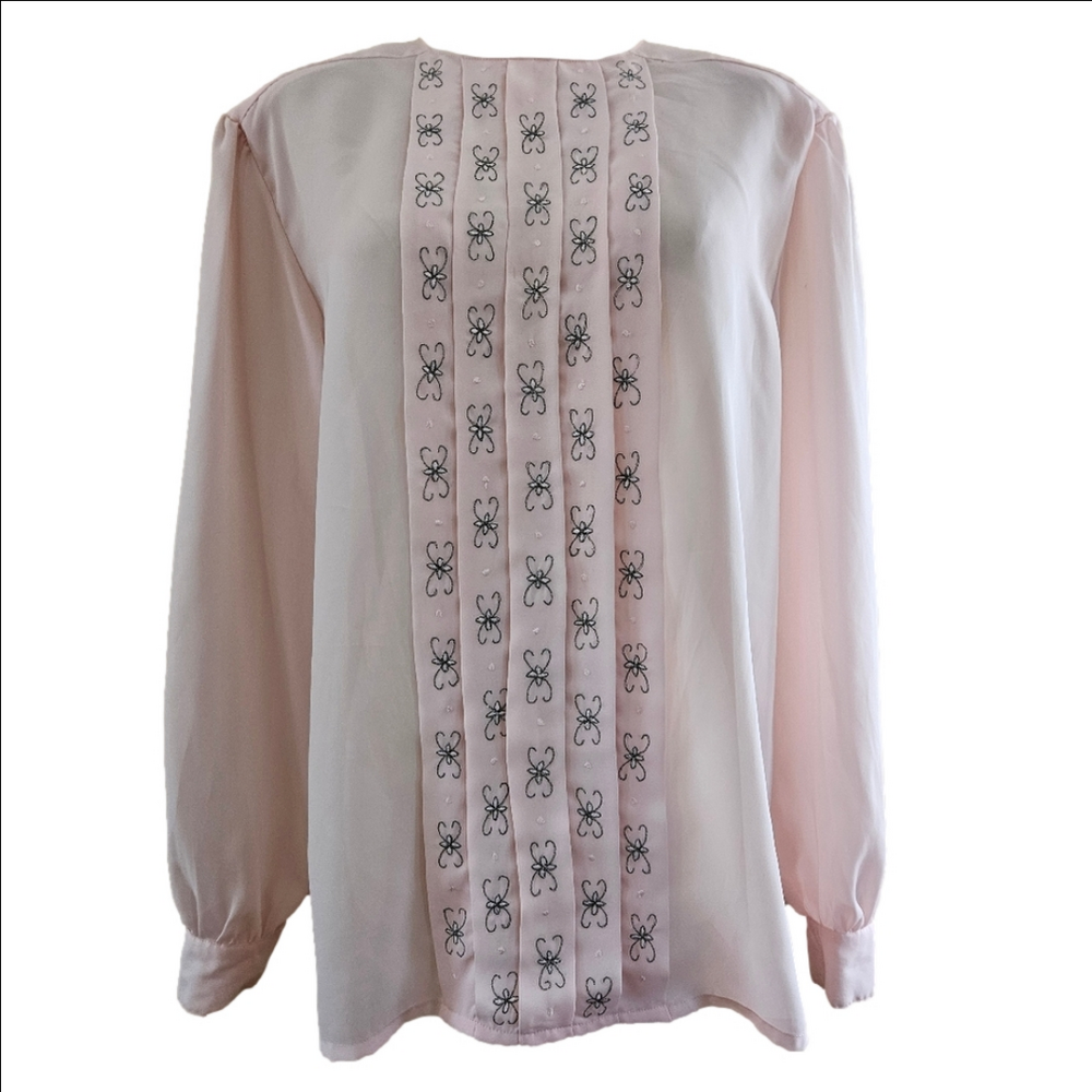 Vintage Charlotte VanHorne Pink Pleated Long Sleeve Blouse-Size 18